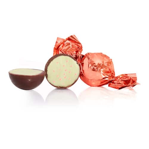 Gefüllte Cocoture-Schokoladekugeln – terrakotta, Zartbitterschokolade mit sauren Erdbeeren & Limette, Neu